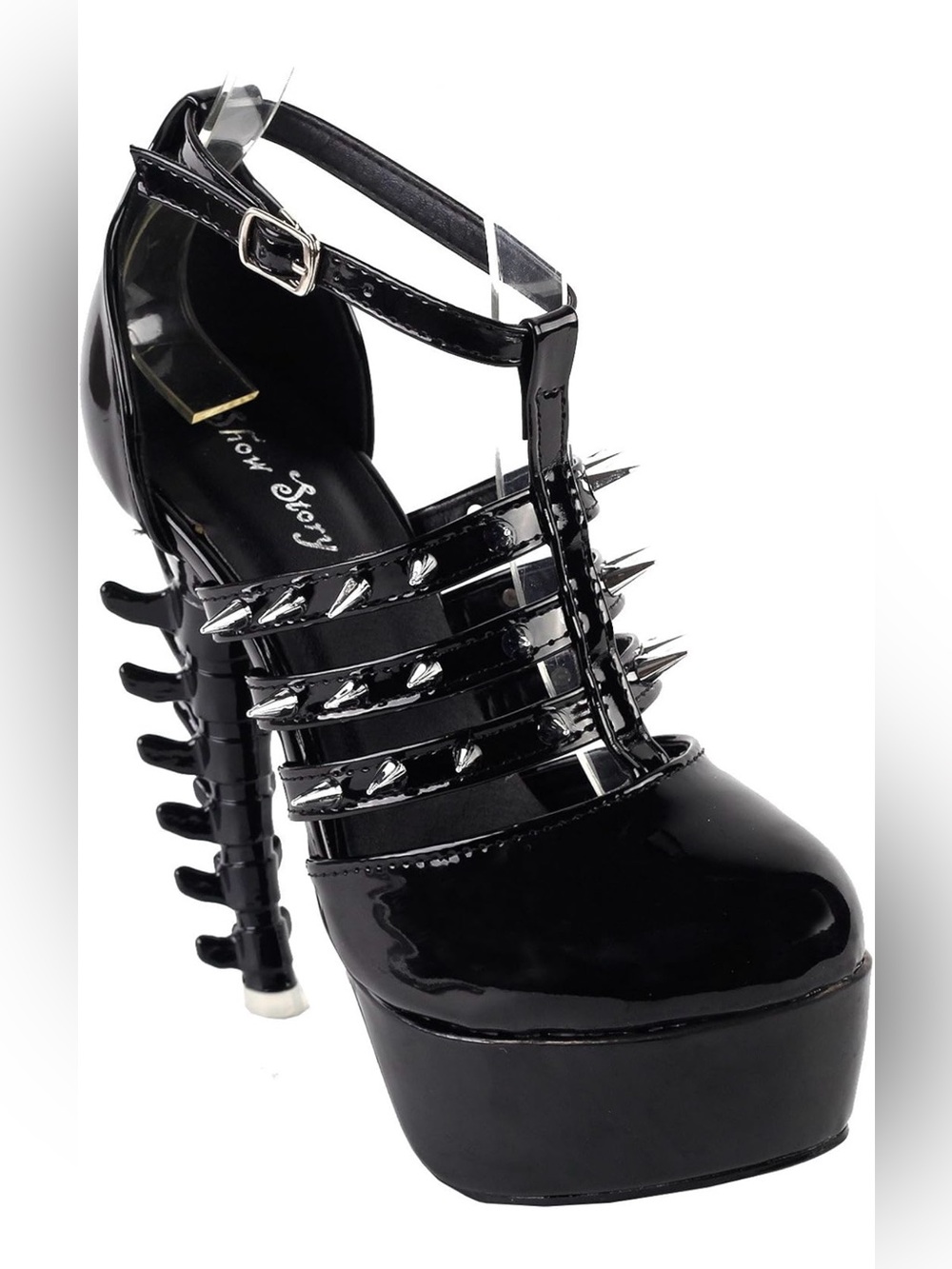 Patent Black Spiked Platform T-Strap Heels